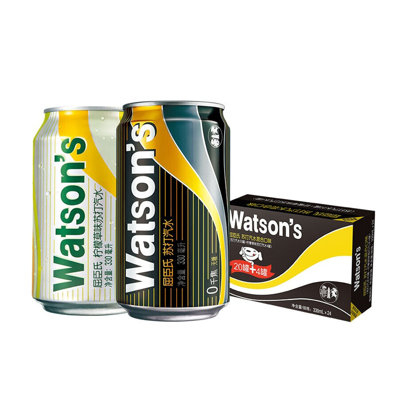 屈臣氏(Watsons)苏打水混合系列(原味*20+柠檬草味*4) 330ml*24罐 整箱装
