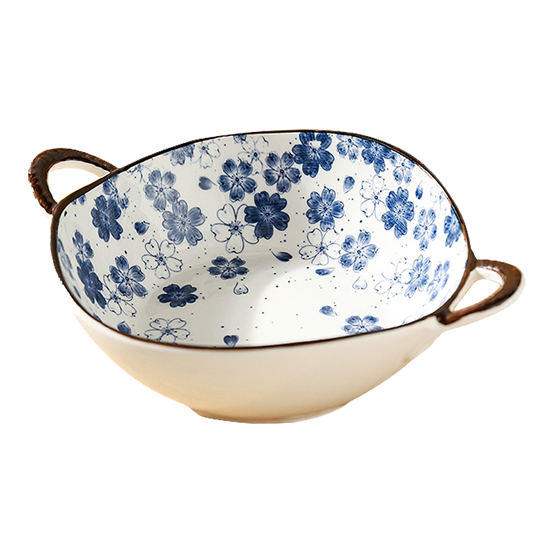 川岛屋日式双耳汤碗大号拉面碗高级感家用陶瓷汤盆面条碗螺蛳粉碗2个（浪漫樱花）